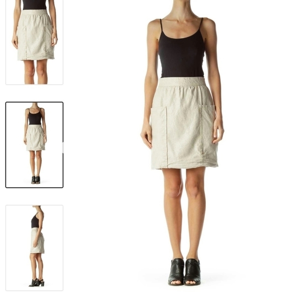 Cartonnier tan gold linen skirt patch pockets knee length size 4 (ripped lining) - Picture 10 of 10